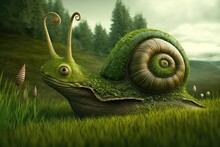 Snail In The Grass With Trees In The Background