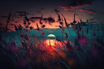 Wall Mural - Beautiful sunset over the sea looking in the grass from the shore