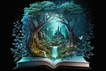Wall Mural - Magic book with fairy castle in the forest