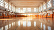 © THINGDSGN - empty gymnasium with hardwood floors and natural lighting through the windows, symmetric view, sport in school background concept, AI