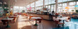 © THINGDSGN - panorama of cafeteria with tables, chairs, and a counter in a school canteen, AI