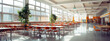 © THINGDSGN - panorama of spacious self-service school canteen with tables and chairs, AI
