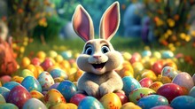Cheerful Easter Bunny Surrounded By Colorful Easter Eggs, Generative AI.