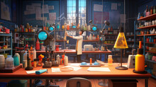 Background Experiments In A Laboratory Filled With Bottles And Equipment, Crazy Experience With Beakers And Flasks In An Accumulation Background, Creative And Original Science School Banner, AI