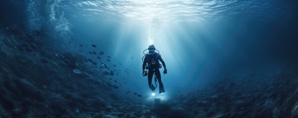 Diving lesson in open water. Scuba diver before diving into ocean. generative ai