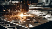 Laser Cutting. Metal Machining With Sparks On CNC Laser Engraving Maching Generative AI