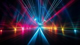 Fototapeta Przestrzenne - Lot of beautiful multi-colored laser beams in dark at disco Generative AI