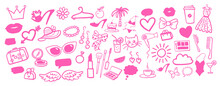 Vector Illustration Set Of Beauty And Fashion Isolated Pink Doodles