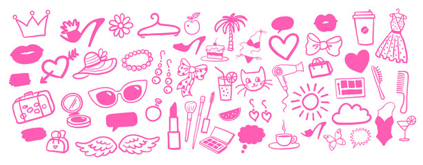 Vector illustration set of beauty and fashion isolated pink doodles