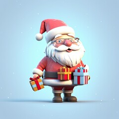 Wall Mural - happy santa claus cartoon with a gift on a plain background