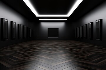 Poster - Large empty interior of a dark black gallery with a mock-up location and reflections on the parquet ground. Concept of a museum and exhibition with no people.