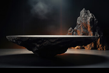 Wall Mural - Wall with stage for product display on dark background. Dark stone podium, minimalism style. Created with Generative AI