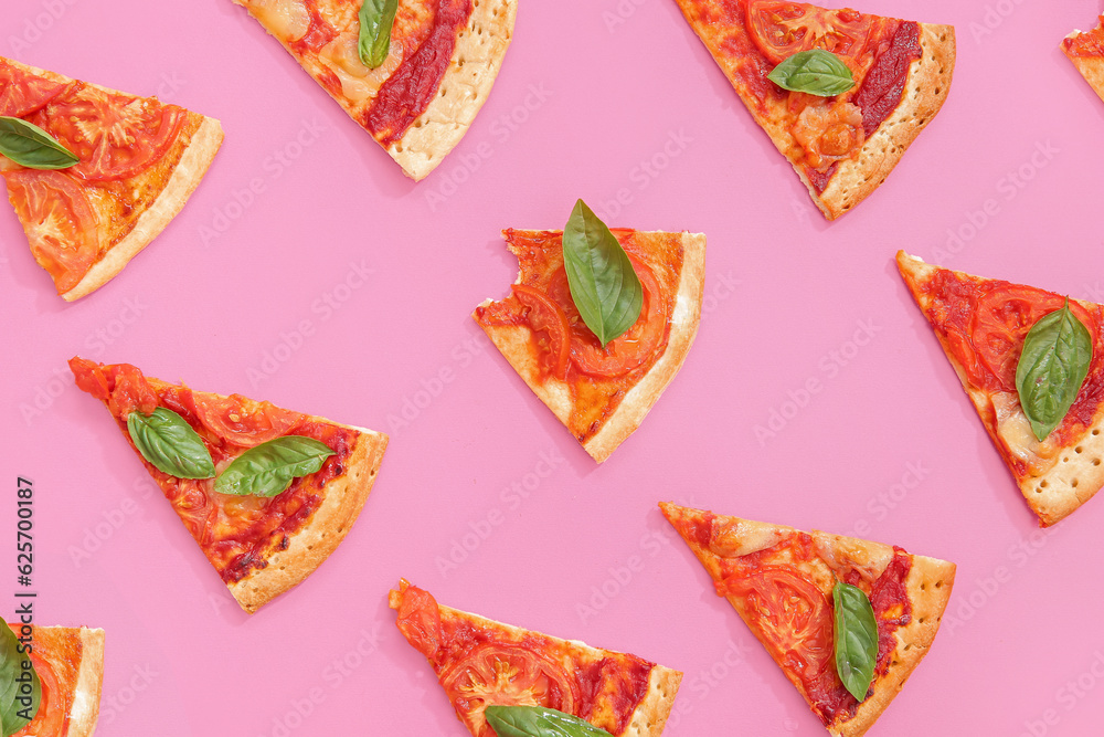 Slices of tasty pizza on pink background