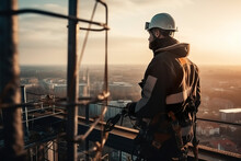 Illustration Of Construction Worker On Construction Work Platform On Top Of Building. Inspection Of Worker Wearing Safety Equipment At High Location. Installation Of Scaffolding. Generative AI