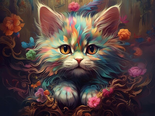 Wall Mural - Conceptual digital art of crazy kitten in rich colors. Crazy cat realistic style in detailed portrait and colorful background. Cartoon style of cat. Realistic 3D illustration. Generative AI