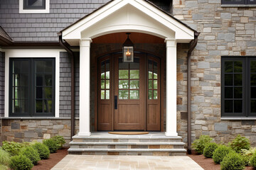 Main entrance door in house. Wooden front door with gabled porch and landing. Exterior of georgian style home cottage with white columns and stone cladding. Created with generative Ai