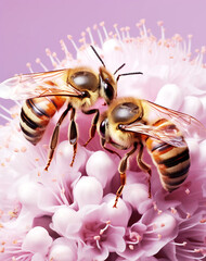 Two honeybees on pink spring flowers and pink background