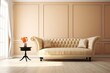 © 2rogan - Interior of a mock living room with a sofa against a blank, cream-colored wall.
