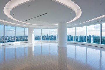 Sticker - Modern office interior that is unfurnished and has a magnificent city view.