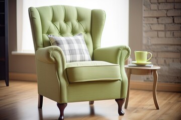 Sticker - Living room with a modern antique aesthetic. Armchair with light green cushion.