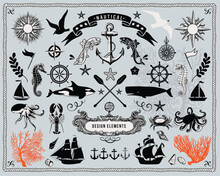 Nautical Clip Art - Set Of Nautical Icons And Design Elements, Including Marine Life, Anchors, Ship Wheels, Sailing Boats, Seashells, Banners And Compass Rose; Black And White