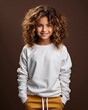 Young girl wearing white sweatshirt mockup, at brown background. Print presentation mock-up. AI generation