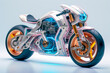 © Koshiro - Realistic cyberpunk motorbike in white background. Big vehicle bike with cool futuristic design, vivid color scheme. Fictional model. Made with Generative AI