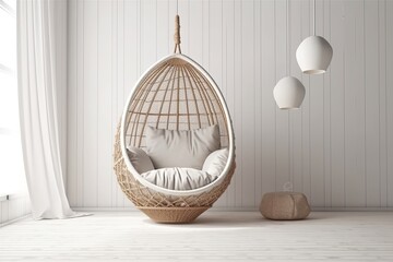 Sticker - Modern kids' room with a blank white wall. Boho-inspired, Scandinavian interior design mockup. area in the copy for a poster or photo. Macrame, a console, a rattan chair, and toys. cozy space for