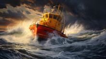 Orange Rescue Or Coast Guard Patrol Boat Industrial Vessel In Blue Sea Ocean Water. Rescue Operation In Stormy Sea