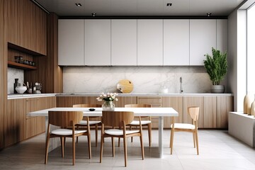 Interior of a wooden kitchen with a white table and chairs, marble worktops, and a line of cabinets. an angle. a mockup