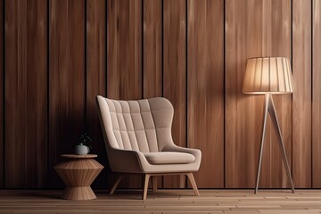 Canvas Print - Brown fabric wall with a white modern armchair, console, and stool embellished with wood frame panels is featured in this interior scene and mockup.