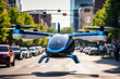 © ADDICTIVE STOCK - Generative AI illustration of futuristic helicopter flying near road between cars in city