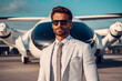 © ADDICTIVE STOCK - Generative AI illustration portrait of confident bearded man in elegant suit and sunglasses standing on parking lot against modern airplane