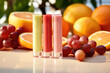 Clear bottles of lip gloss stand surrounded by fresh tropical fruits. Creative cosmetics template in tropical style. Lip balm with fruit flavor.