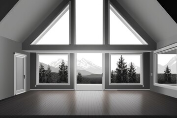 Canvas Print - Image of a modern building's deserted interior. open loft design. colorless, empty walls. Black rafters, a wood floor, and large windows Mockup is horizontal and empty.