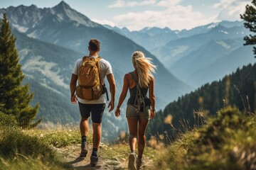 a couple young hiking in the mountains in summer with energetic expression