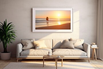 Sticker - White frame hanging in a mockup of a bright home. An example of a framed image on a wall illuminated by sunshine