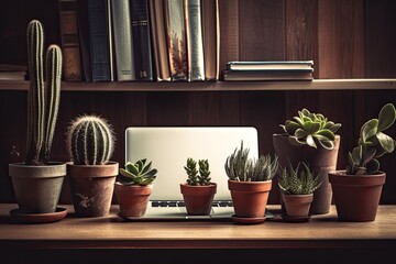 Wall Mural - On a wooden desk are a laptop computer, plants, leaves, and cacti.