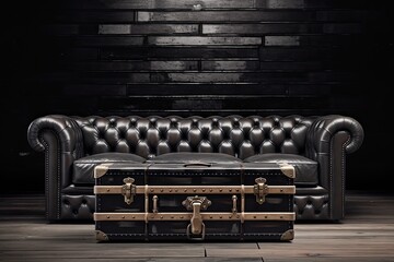 Wall Mural - Interior of a black living room with a wooden floor, leather sofas, a chest of drawers, and a coffee table in the center. one that is horizontal. simulated toned image