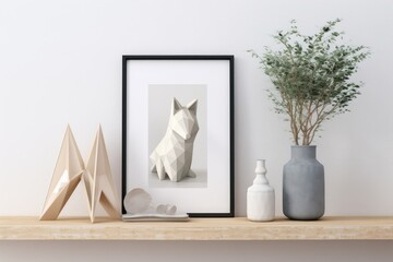 Wall Mural - Origami fox home d�cor and a mock-up photo frame are shown against a white background.
