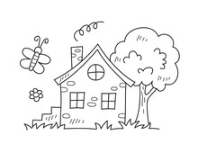 Doodle Coloring Page. Outline Cute Brick House With Window And Door, Butterfly, Flower And Tree. Childrens Drawings In Hand Drawn Style. Linear Flat Vector Illustration Isolated On White Background