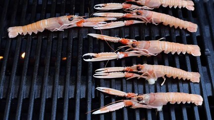 Wall Mural - Cooking Scampi (Nephrops Norvegicus) Langoustines, on grill. Closeup. 