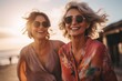 Two happy women spend time together on vacation. Portrait with selective focus