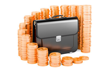 Poster - briefcase with growing chart from gold coins around, 3d rendering