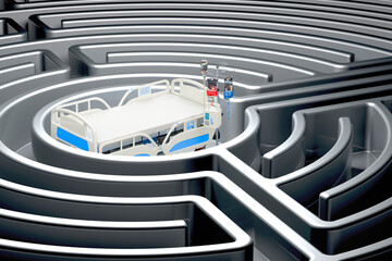 Poster - hospital bed inside labyrinth maze. 3d rendering
