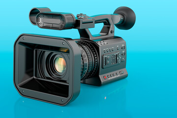 Poster - Professional video camera on blue background, 3D rendering