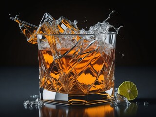 Alcoholic drink with ice, cocktail, splash, rum, liquor, cognac, whiskey. Generative AI
