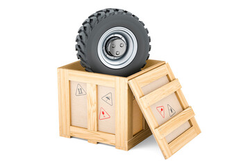 Fototapete - Truck Wheel inside wooden box, delivery concept. 3D rendering