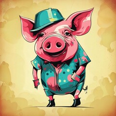 Wall Mural - generative AI - funky colorful pig art illustration