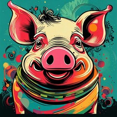 Wall Mural - generative AI - funky colorful pig art illustration